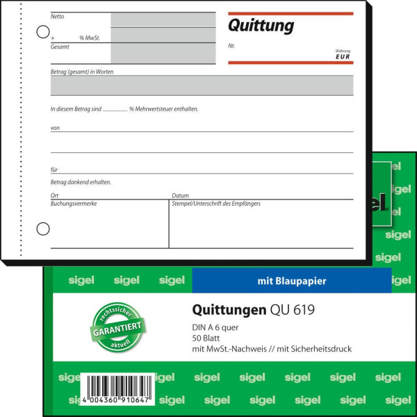 4004360910647 - SIGEL Kassenformulare Quittung MwSt separat ausgewiesen Quittung MwSt separat ausgew QU619 DIN A6 quer 1x 50 Seiten