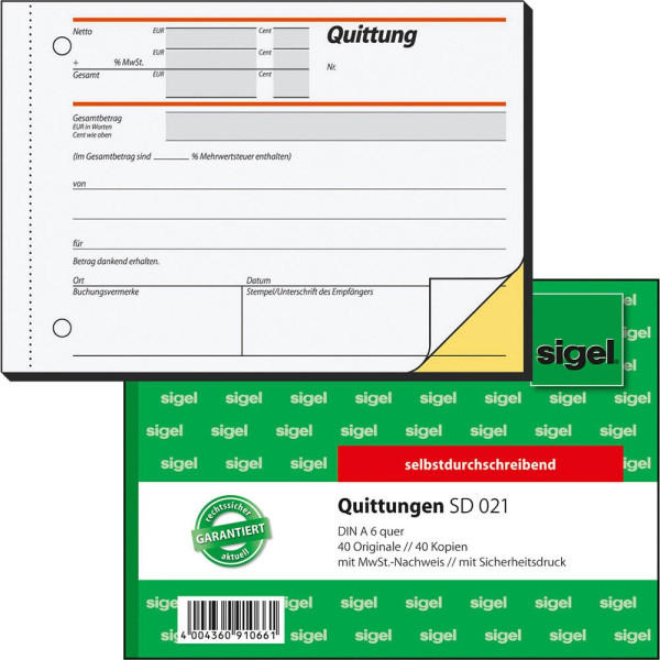 4004360910661 - sigel® Quittungen mit MWSt-Nachweis SD021 DIN A6 quer 2 x 40 Blatt selbstdurchschreibend