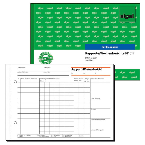 4004360910746 - SIGEL Bauformulare Wochenbericht Rapport Wochenber A5q RP517 DIN A5 quer 1x 100 Seiten