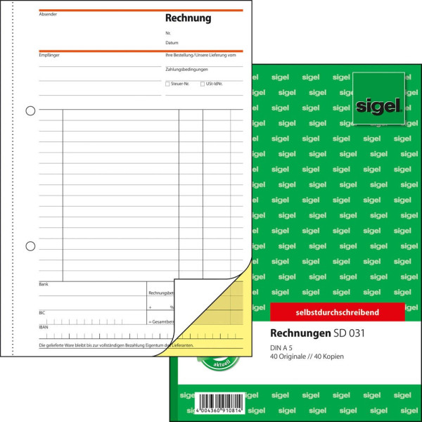 4004360910814 - Rechnung SD031 1 und 2 Blatt bedruckt seldbstdurchschreibend A5-hoch 4004360910814 Sigel