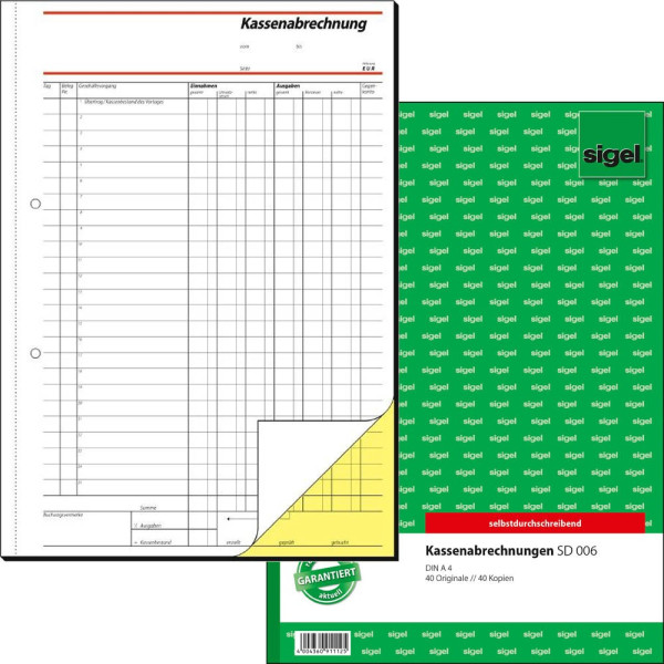 4004360911125 - Kassenabrechnung SD006 A4 selbstdurchschreibend 2x40 Blatt 4004360911125 Sigel