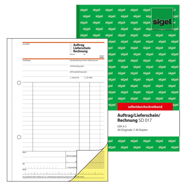 4004360921759 - sigel® Kombinationsbuch (Auftrag Lieferschein Rechnung) SD017 DIN A5 hoch 2 x 4 Blatt