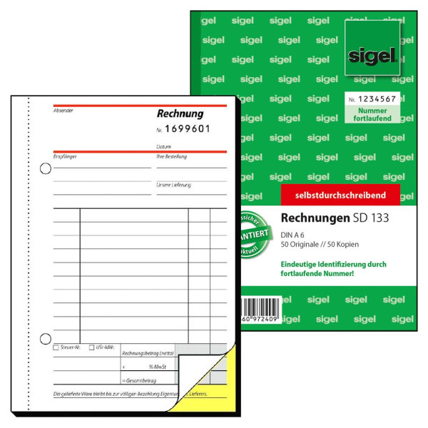 4004360972409 - SIGEL Kassenformulare Rechnung mit fortlaufenden Nummern SD133 DIN A6 2x 50 Seiten