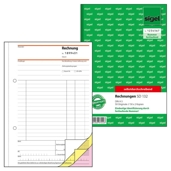 4004360972423 - SIGEL Kassenformulare Rechnung mit fortlaufenden Nummern Rechnung A5 SD SD132 DIN A5 3x 50 Seiten