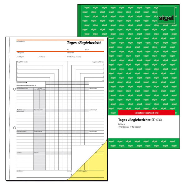 4004360972966 - Tages- Regiebericht SD030 A4 1 und 2 Blatt bedruckt selbstdurchschreibend 2x40 Blatt 4004360972966 Sigel