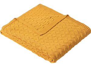 4004406344672 - Wolldecke IBENA Strickdecke Somero Wohndecken Gr B L 150 cm x 200 cm gelb (senf) Strickdecken Strickmuster Kuscheldecke