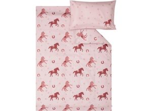 4004406388294 - Kinderbettwäsche SOLIVER Satinbettwäsche Junior Pferde Bettwäsche Gr B L 100 cm x 135 cm 1 St 1 St Mako-Satin B L 60 cm x 40 cm rosa mit Pferden und Sternen