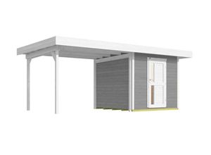 4004581524739 - Weka Designgartenhaus 28 mm mit Loungeanbau 295 cm farblich lasiert in grau weiss Massivholzboden