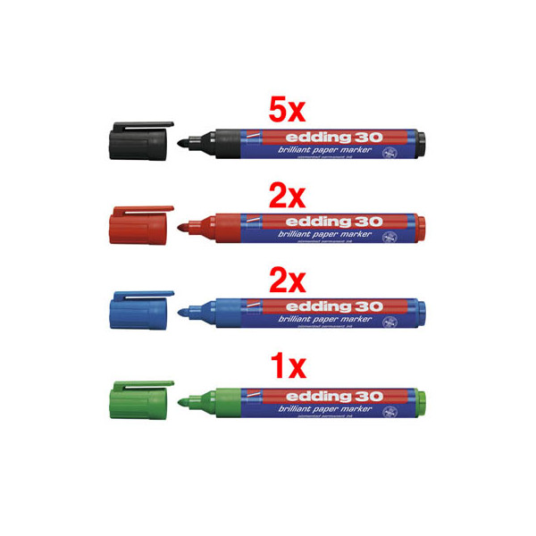 4004764825929 - edding 30 10er Set Farbs Permanentmarker 5x schwarz 2x blau 2x rot 1x grün 15 - 30 mm