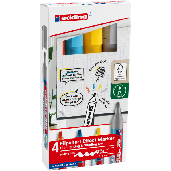 4004764986736 - Flipchart Effektmarker Set 385 4-teilig Schreibfarbe Schwarz flexible Pinselspitze Strichstärke 1-5 mm nachfüllbar