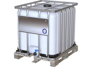 4004950903387 - IBC Container 1000 Liter UN-Zulassung UV-Schutz DN 50 Auslaufventil auf Holzpalette B 1200 x T 1000 x H 1136 mm natur