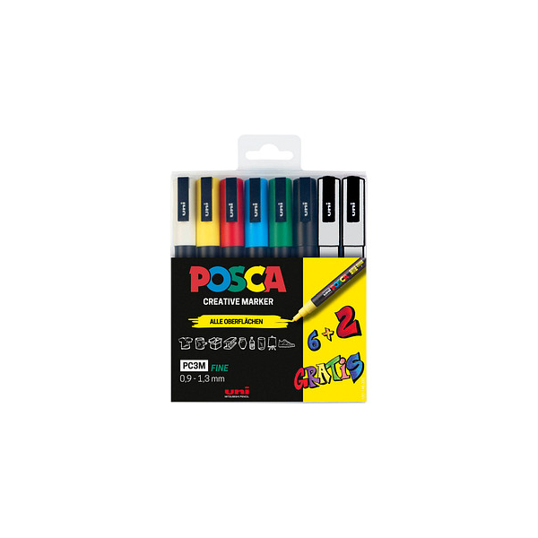 4005401868255 - uni-ball Acrylstifte UNI Marker POSCA PC-3M 6+2 Set 09 - 13 mm Mehrfarbig