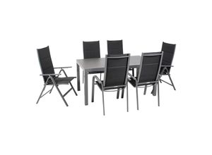 4005437296657 - Gartenmöbel-Set Grenada 6 7-teilig rechteckiger Tisch Klappsessel Stapelstühle Aluminium Textilene schwarz Glas-Tischplatte für Garten Terrasse Wintergarten