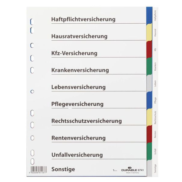 4005546611877 - DURABLE Ordnerregister Vollformat blanko mit Deckblatt Versicherungen 2x blau 2x gelb 2x rot 2x grün 2x grau 10-teilig 1 Satz