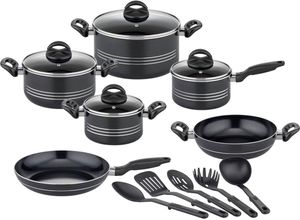 4005643158800 - Topf-Set Milano Nero Aluminium (Set 15-tlg je 1 Kochtopf 16 20 2 cm 1 Stielkasserolle 16cm je 1 Pfanne 24 28cm) Induktion inkl 5-teiliges Küchenhelfer-Set schwarz