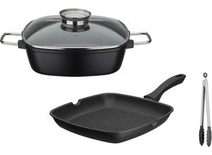 4005643414982 - Topf-Set Gourmet Granit Grillmeister Aluminiumguss (Set 4-tlg 1 x Bräter H 85 cm 1x Grillpfanne 28 x 28 cm H 44 cm) mit Aroma-Glasdeckel Induktion schwarz