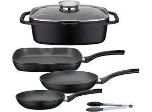 4005643800754 - Topf-Set Gourmet Granit Aluminiumguss (Set 5-tlg 1 Bräter 1 Grillpfanne Ø 28cm je 1 Bratpfanne Ø 20 24cm 1 Kochzange) Induktion schwarz