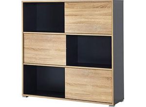 4005949403840 - Regal Home Office 3 Ordnerhöhen mit Schiebetüren B 1200 x T 350 x H 1190 mm Spanplatte Korpus anthrazit Front Sonoma Eiche