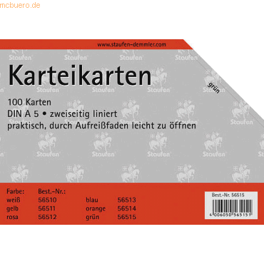 4006050565151 - Karteikarten A5 liniert 180g qm grün VE=100 Stück