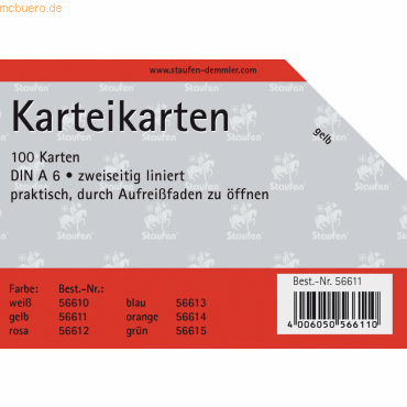 4006050566110 - Karteikarten A6 liniert 180g qm gelb VE=100 Stück