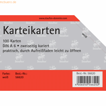 4006050566202 - Karteikarten A6 kariert 180g qm weiß VE=100 Stück