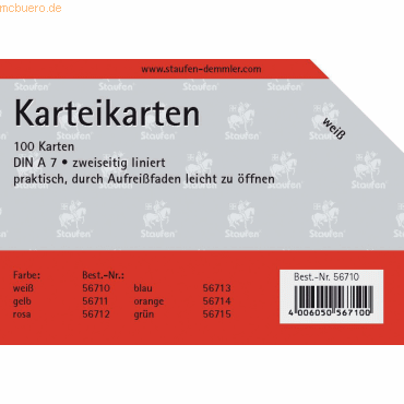 4006050567100 - Karteikarten A7 liniert 180g qm weiß VE=100 Stück