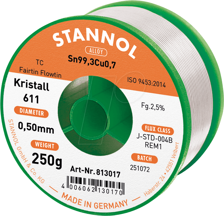 4006062130477 - STA 611 TC 03 - Lötzinn bleifrei mit Kupferanteil Ø 03 mm 250 g 4006062130477 - STA 611 TC 03 - Lötzinn bleifrei mit Kupferanteil Ø 03 mm 250 g