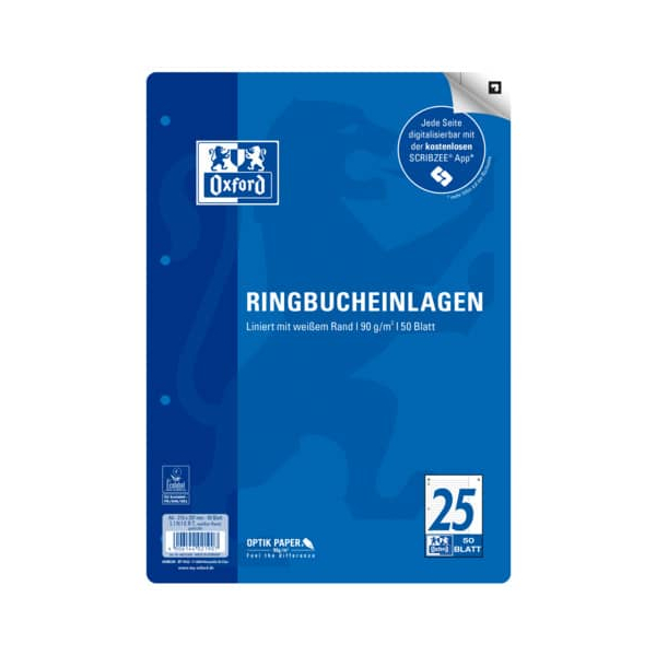 4006144021907 - Ringbucheinlagen 400131468 liniert mit Korrekturrand A4 90g 4-fach-Lochung 4006144021907 Oxford