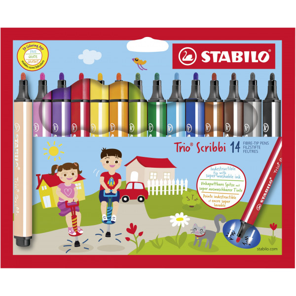 4006381492522 - STABILO ® Trio® ScribbiTriangular fibre-tip pen with spring-loaded tip cardboard wallet of 14 pens