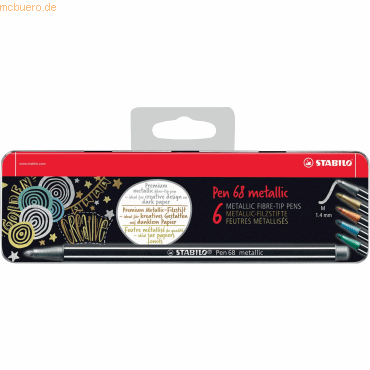 4006381530347 - Metallmäppchen 6 Stück in Metallic-Farben Medium Point 14mm Stift 68 mit Aufhänger Stabilo