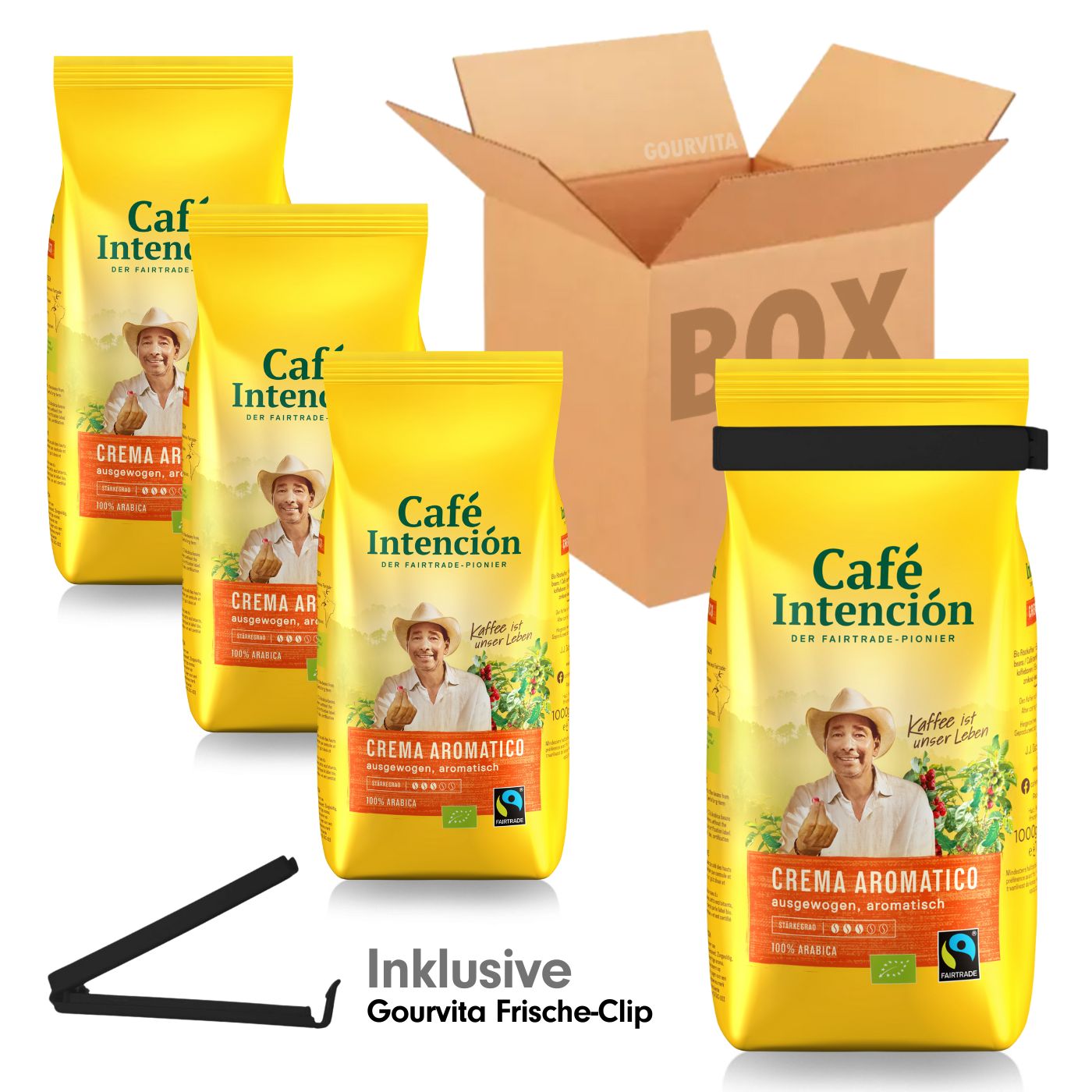 4006581801032 - SPARBOX Café Intención Crema Aromatico + gratis  Frische-Clip 4x1000g Bohnen