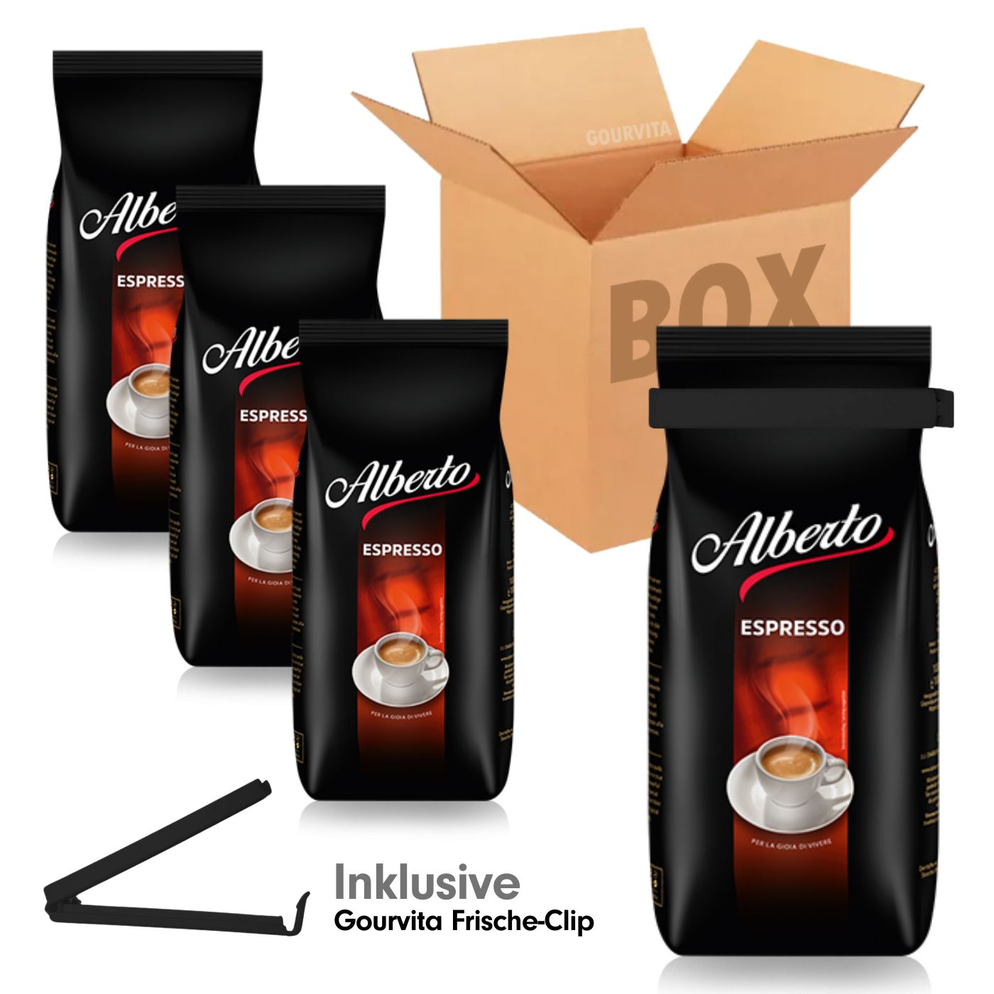 4006581801278 - SPARBOX Alberto Espresso + gratis  Frische-Clip 4x1000g Bohnen