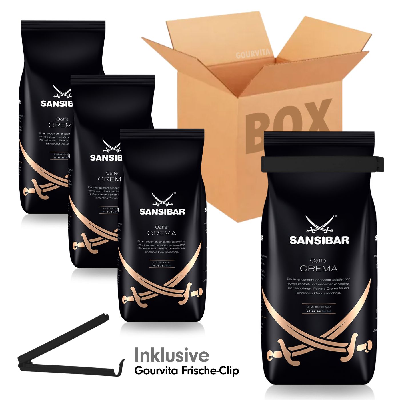 4006581801490 - SPARBOX Sansibar Caffè Crema + gratis  Frische-Clip 4x1000g Bohnen