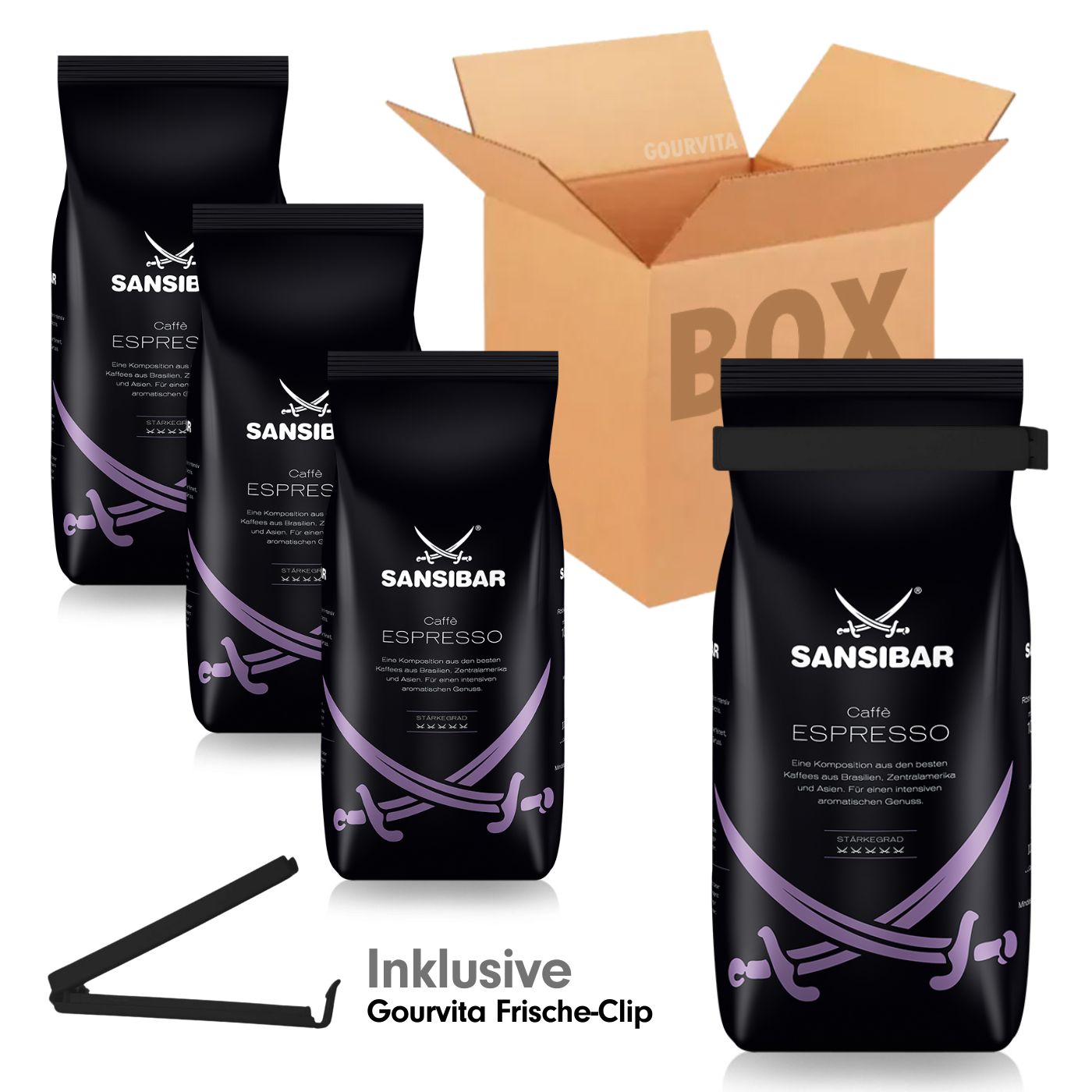 4006581802138 - SPARBOX Sansibar Caffè Espresso + gratis  Frische-Clip 4x1000g Bohnen