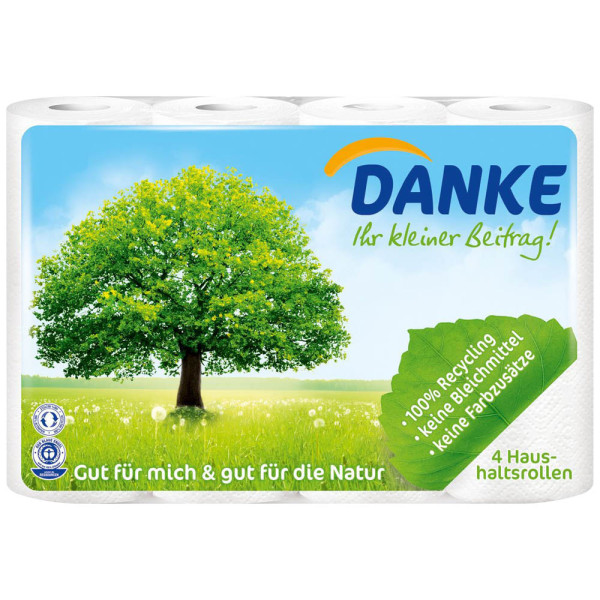 4006670363519 - Danke Haushaltsrollen aus 100%-Recyclingpapier Küchenpapier 3-lagig weiß 1 Packung = 4 Küchenrollen