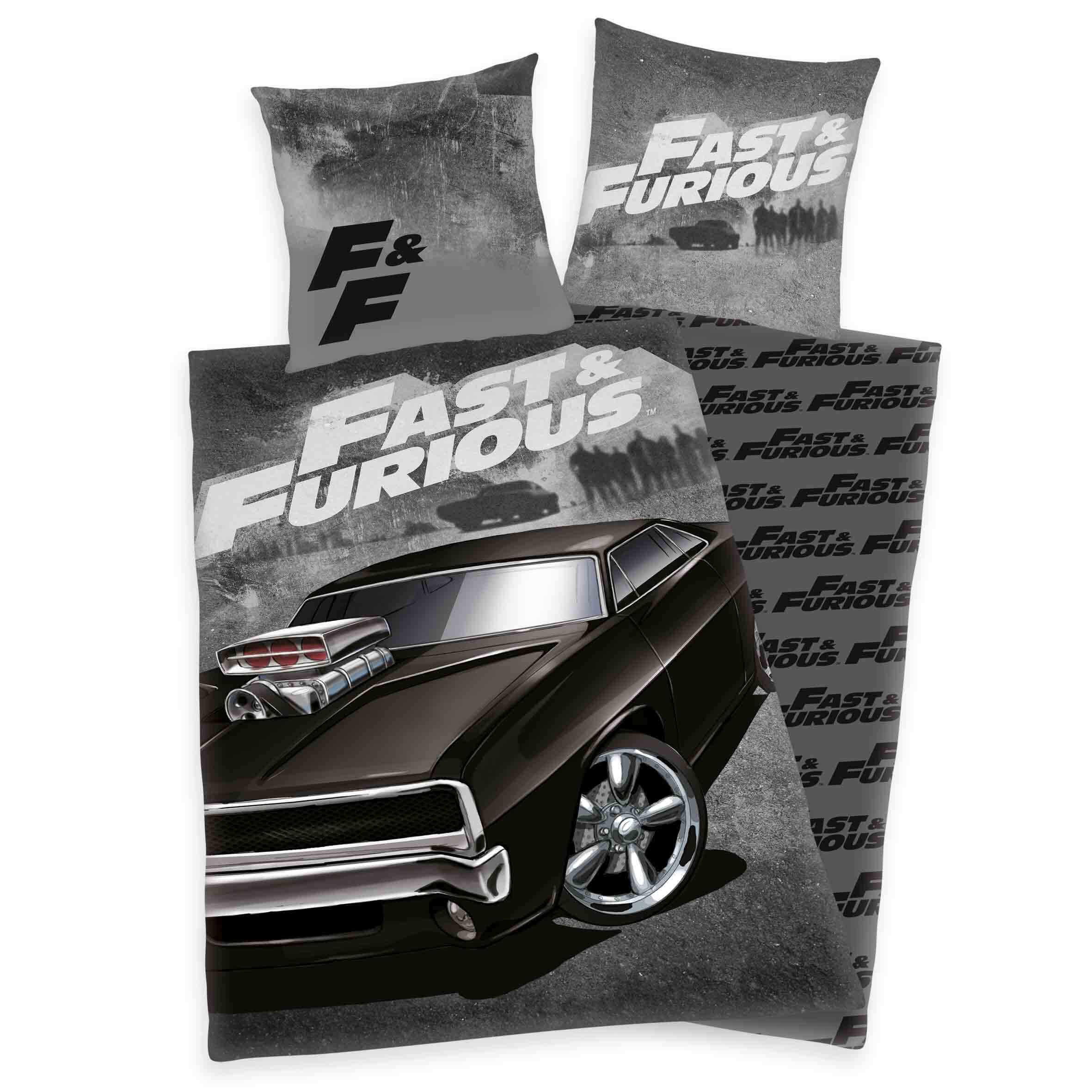4006891919090 - Jugendbettwäsche Fast & Furious Bettwäsche Gr B L 135 cm x 200 cm 1 St 1 St Renforcé B L 80 cm x 80 cm schwarz (schwarz grau) mit coolem Motiv