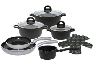 4006925891170 - Topf-Set »Black Ducato« Aluminiumguss (Set 11 tlg 3 Töpfe mit Deckel 1 Stielkasserolle 2 Bratpfannen 2 Stapelschutz) mit hochwertiger Antihaftversiegelung Induktion