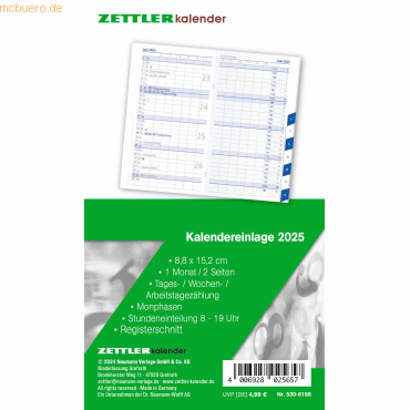 4006928025657 - Kalendereinlage 530-0000 1 Monat   2 Seiten 88x152mm 2025 4006928025657 Zettler