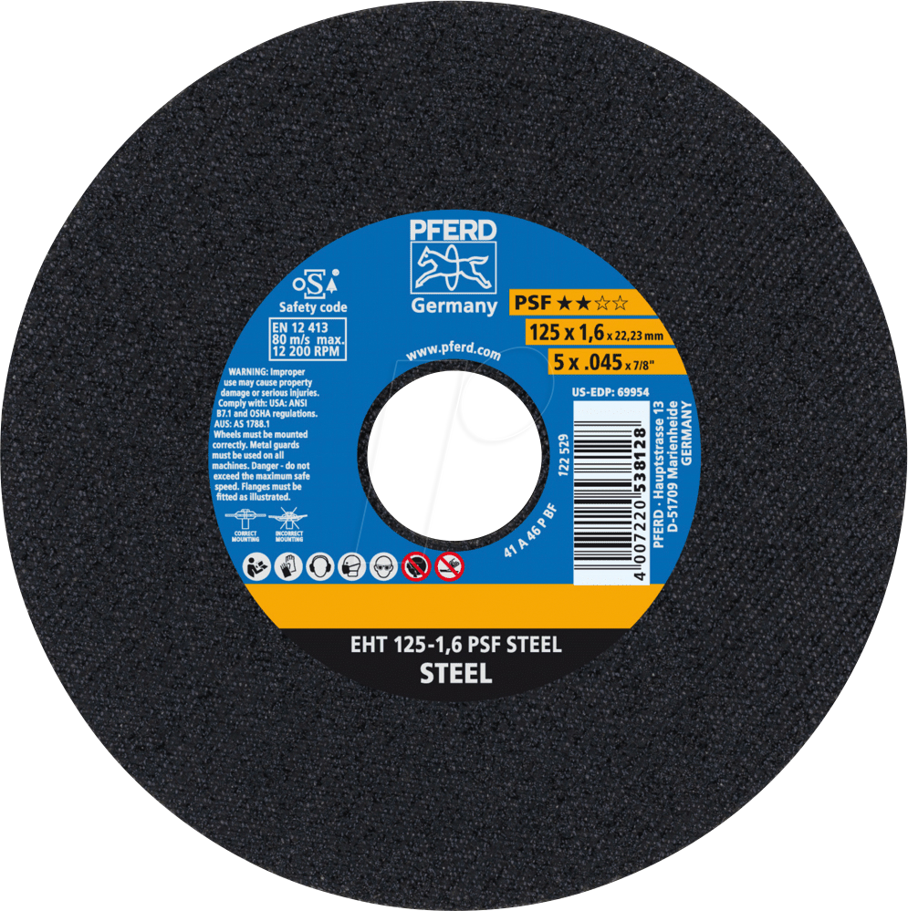4007220236604 - PFERD 61719021 - Trennscheibe EHT 125x16x2223 mm gerade Universallinie PSF STEE 4007220236604 - PFERD 61719021 - Trennscheibe EHT 125x16x2223 mm gerade Universallinie PSF STEE