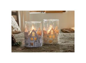 4007299010051 - - 2x Windlicht City Lights aus Glas & Filz beige & grau Kerzenhalter