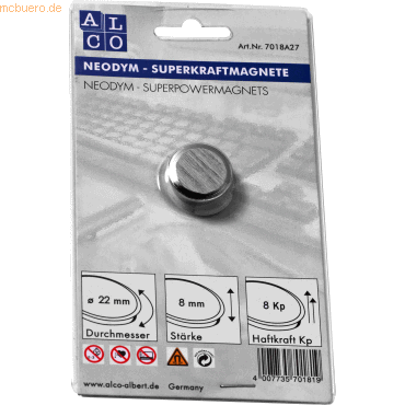 4007735701819 - Superkraftmagnet Neodym Neodym (Nd) 22mm TG 8000 g silber gebürst