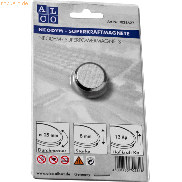 4007735702816 - Superkraftmagnet Neodym Neodym (Nd) 25mm TG 13000 g silber gebürs