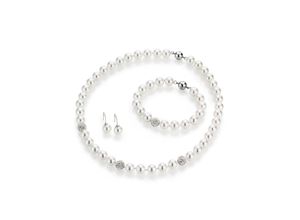 4007810975883 - Schmuckset FIRETTI Multipack Schmuck Geschenk Perlenkette Perlenarmband Perlohrhaken Schmuck-Sets bunt (silberfarben weiß weiß) Damen mit Muschelkernperlen und Kristallsteinen