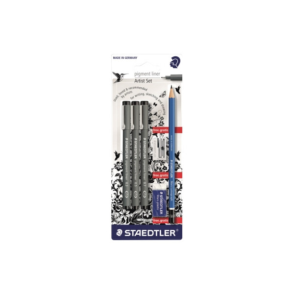 4007817014301 - STAEDTLER Pigmentliner Set schwarz Blisterkarte lange Metallspitze ideal für Lineale und Schablonen - 1 Stück (308 SBK3P)