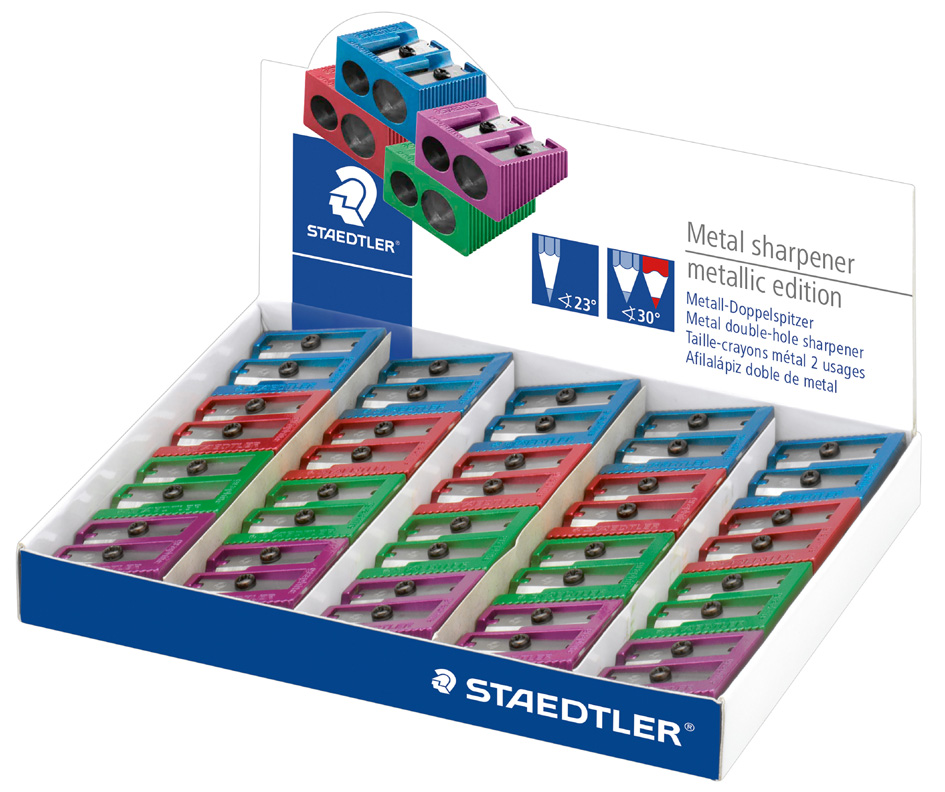 4007817022993 - STAEDTLER Doppel-Spitzer Metallic aus Metall 20er Display für normalstarke Stifte bis 82 mm   102mm Durchmesser - 20 Stück (510 20 PR2)