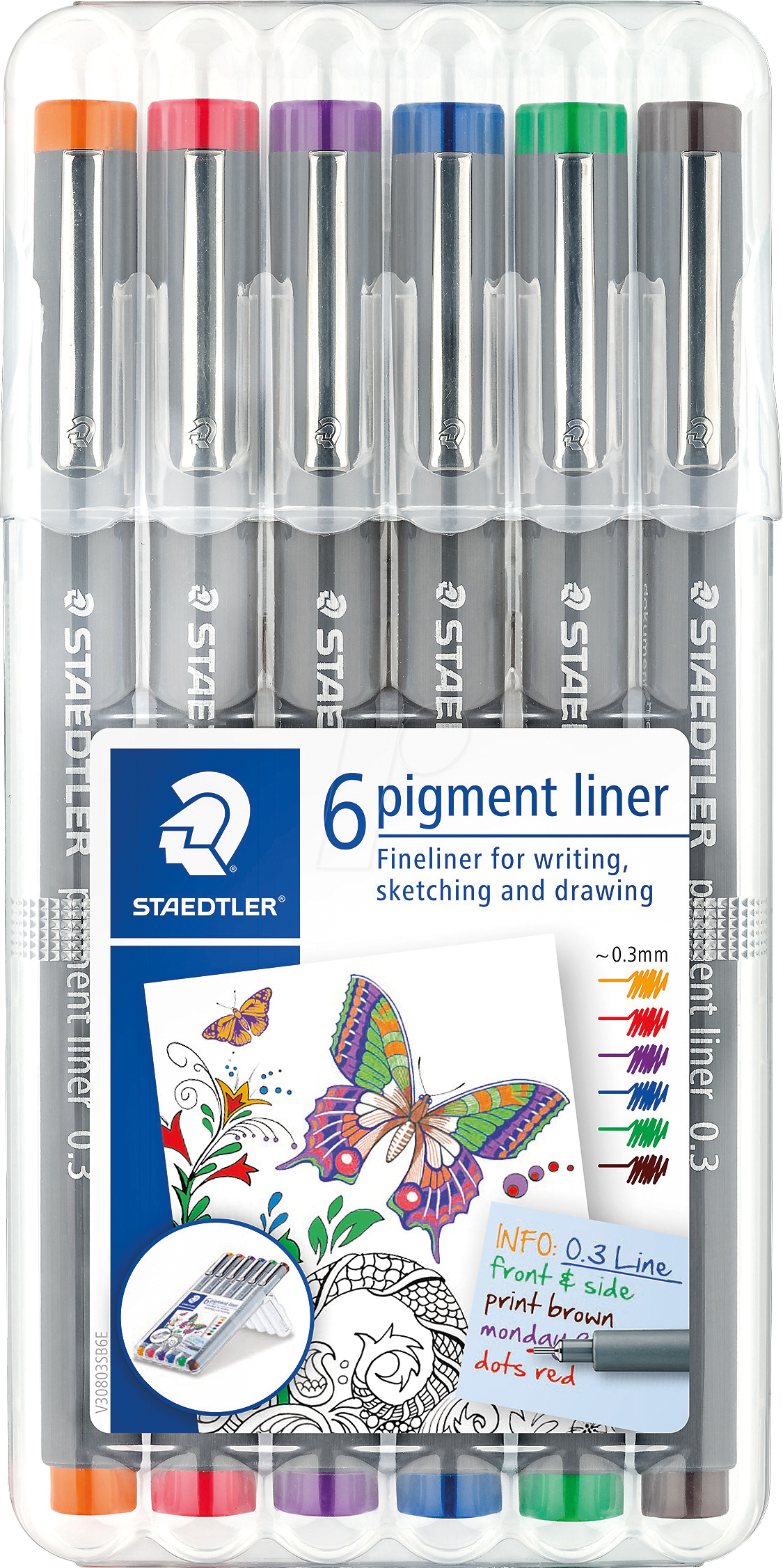 4007817036747 - STAEDTLER Pigmentliner Strichstärke 03 mm 6er Etui lange Metallspitze ideal für Lineale & Schablonen Pigment - 1 Stück (30803-SSB6)