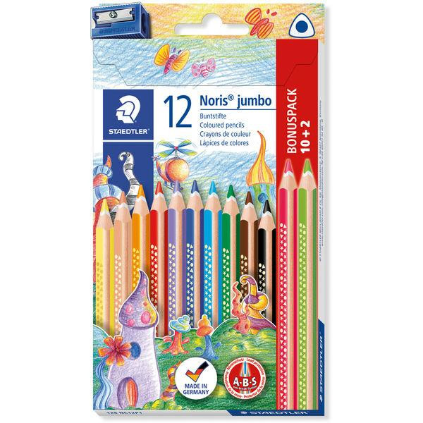 4007817036808 - Buntstifte Staedtler Noris® jumbo 128 3-Kant ABS-Minenschutz Sternchendesign & Namensfeld FSC®-zertifiziert farbsortiert 12 Stück + Anspitzer