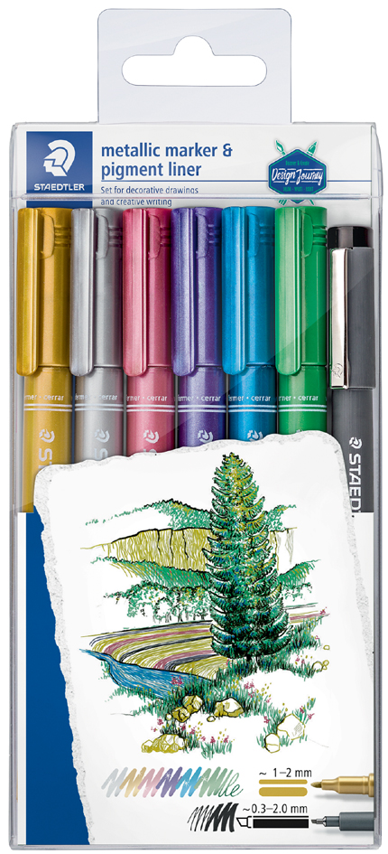 4007817038406 - STAEDTLER Permanent-Marker Metallic 6er Etui + Pigmentliner Rundspitze Strichstärke 1 - 2 mm pigmentierte Tinte - 1 Stück (8323-SWP6P)