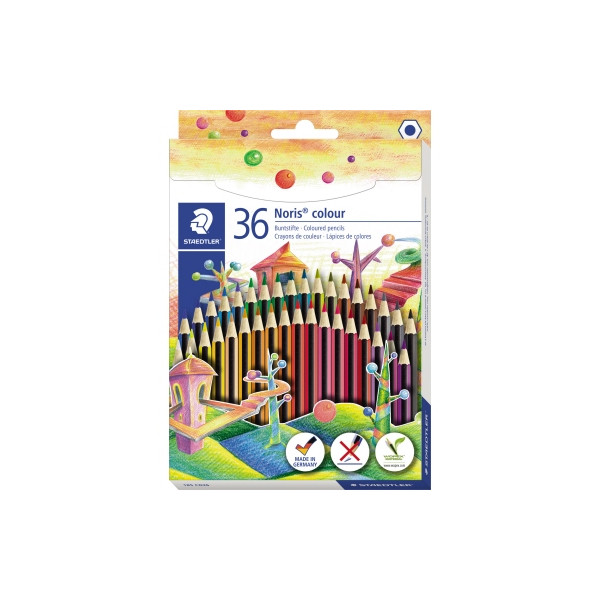 4007817038734 - Buntstifte Staedtler Noris® colour 185 HB 6-Kant rutschfest & bruchfest nachhaltiges & PEFC®-zertifiziertes WOPEX-Material farbsortiert 36 Stück