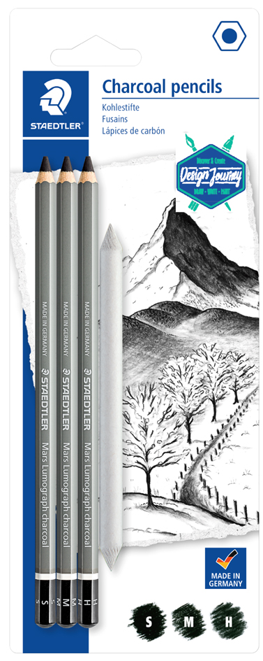 4007817052075 - STAEDTLER Kohlestift Mars Lumograph charcoal 4er Blister Sechskantstift grau-matt lackiert mit Tauchkappe Länge - 1 Stück (100C SBK4)